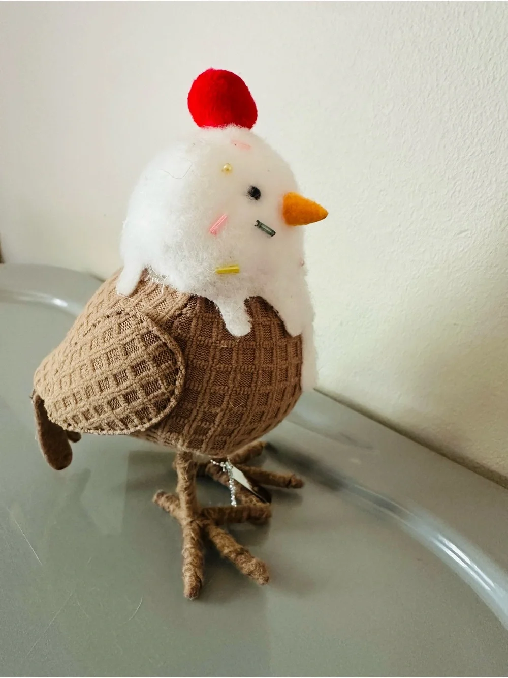 Plush Bird Toy — Ice Cream Sundae Style in White & Brown